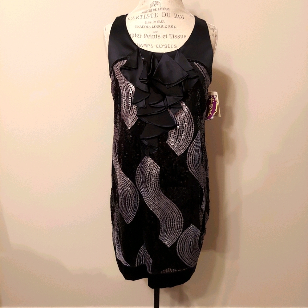 NWT Hale Bob Black Silver Bead Sequin Dress Sz M